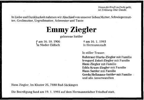 Sattler Emmy 1906-1993 Todesanzeige